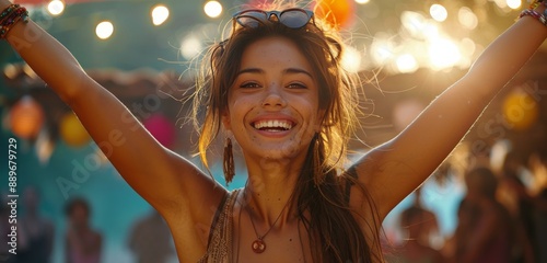 Happy Woman Dancing at Summer Music Festival