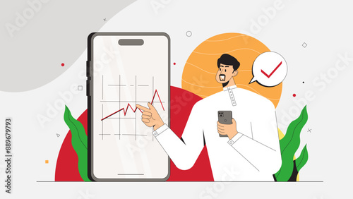 Vector illustration of a man analyzing data on a smartphone, showcasing business growth and digital analytics. Perfect for presentations and infographics.