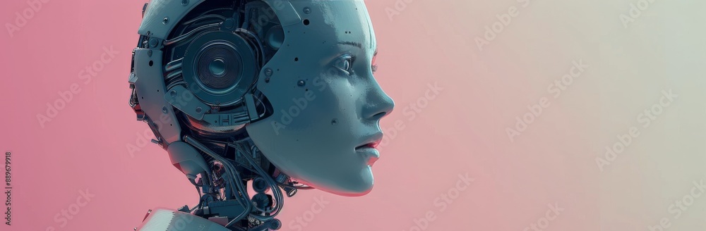 Profile View of a Mechanical Humanoid Robot Against a Pink Background Profile View of a Mechanical Humanoid Robot Against a Pink Background