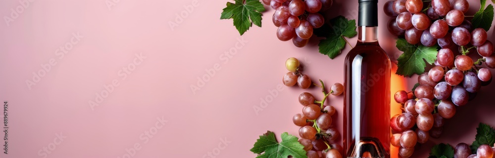Obraz premium A Bottle of Rose Wine With Grapes and a Leaf on a Pink Background