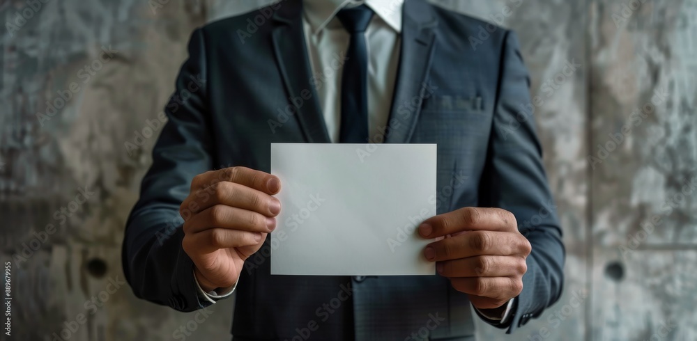 Businessman Holding Blank White Envelope In Front Of Gray Wall Businessman Holding Blank White Envelope In Front Of Gray Wall
