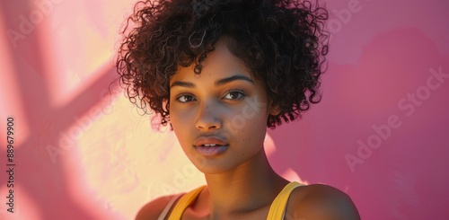 Young Woman With Curly Hair Posing Against Pink Wall