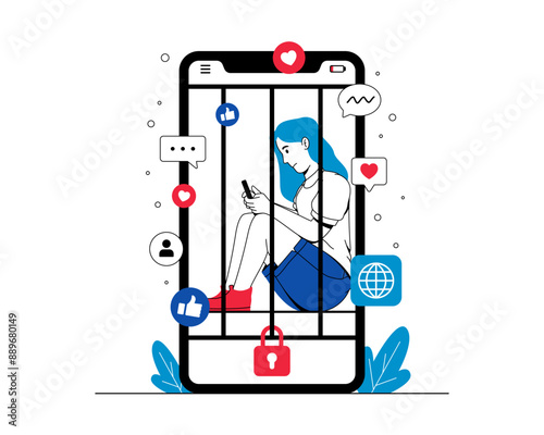 Vector illustration girl trapped in her mobile phone