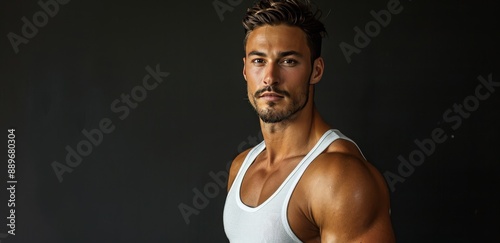 Muscular Man in a White Tank Top Looking Away