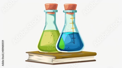 a laboratory flask with book clipart, science education symbol, illustration, blue and green, isolated on white background