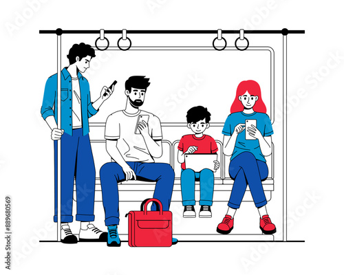 Gadget use on public transport. Social media addiction illustration