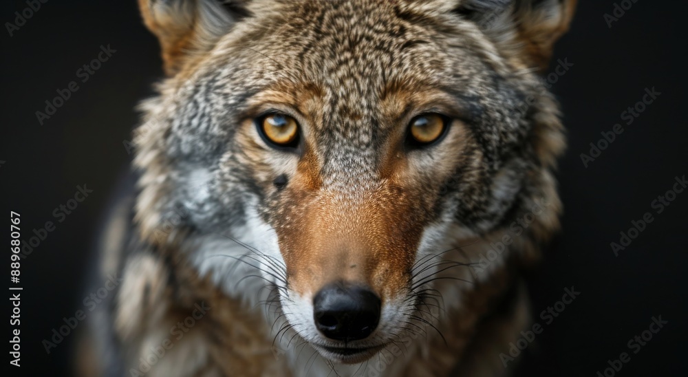 Close Up Of A Coyote's Face In A Dark Setting Close Up Of A Coyote's Face In A Dark Setting