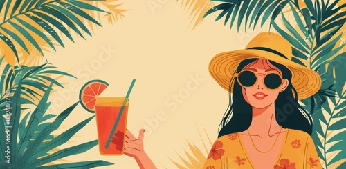Woman In Straw Hat Holding A Cocktail With A Tropical Background