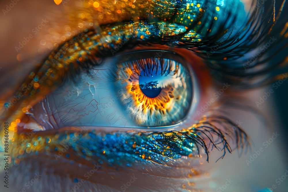 Vibrant Close-Up of an Eye with Colorful Makeup and Glitter Vibrant Close-Up of an Eye with Colorful Makeup and Glitter