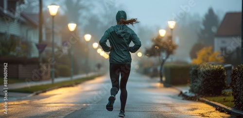 Woman Jogging on a Residential Street at Night