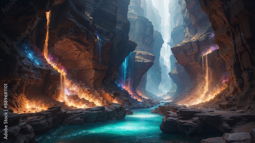 Fototapeta premium Majestic Fantasy Landscape Background with Glowing Canyons and Mystic Waterfalls