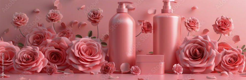 Pink Bottles With Flowers On A White Surface Pink Bottles With Flowers On A White Surface