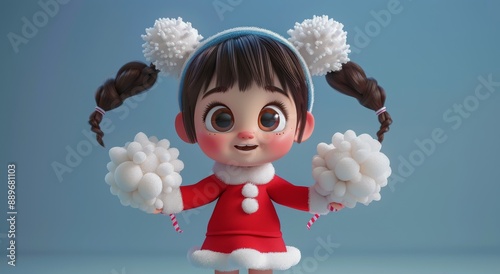 Cheerful Cartoon Girl Holding Pom Poms Against Blue Background