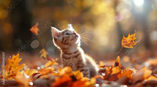 Tabby Kitten Playing in Fall Leaves