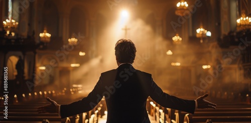 Man Standing In A Church With Arms Outstretched