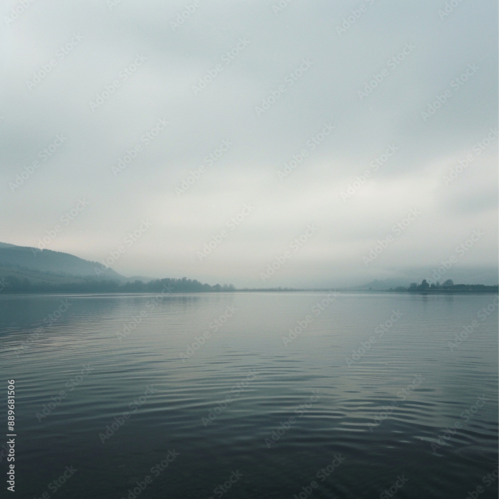 view of a lake, overcast sky, sparse clouds, slightly symmetrical view of a lake, overcast sky, sparse clouds, slightly symmetrical