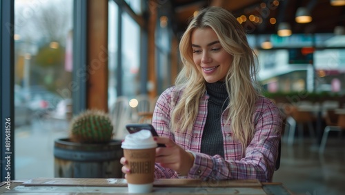 Woman Uses Smartphone While Enjoying Coffee In A Cafe