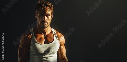 Muscular Man Posing in a White Tank Top Against a Dark Background