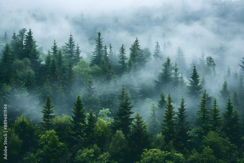 Misty Forest Landscape with Lush Greenery and Tall Pine Trees Misty Forest Landscape with Lush Greenery and Tall Pine Trees