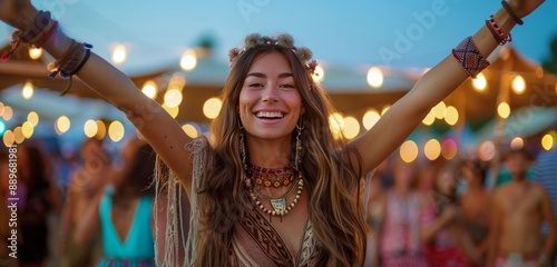 Happy Woman With Flower Crown Dancing at Night Music Festival