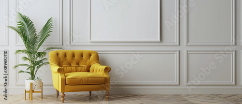 Relax in style with a luxurious pale yellow single sofa chr, pred with a charming little plant, and a blank empty white frame on a serene, unembellished wall. photo