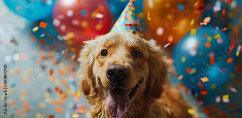 Happy Dog Wearing Party Hat With Confetti and Balloons