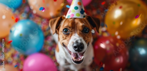 Happy Dog Wearing Party Hat Surrounded By Balloons And Confetti