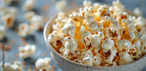 Close Up of Buttery Popcorn in a White Bowl Against a Bokeh Background