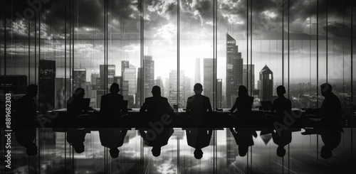 Business Meeting Silhouettes Against Nighttime City Skyline
