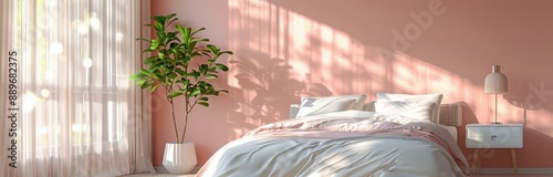 Pink Bedroom Interior Design With White Bed and Flowers by Window