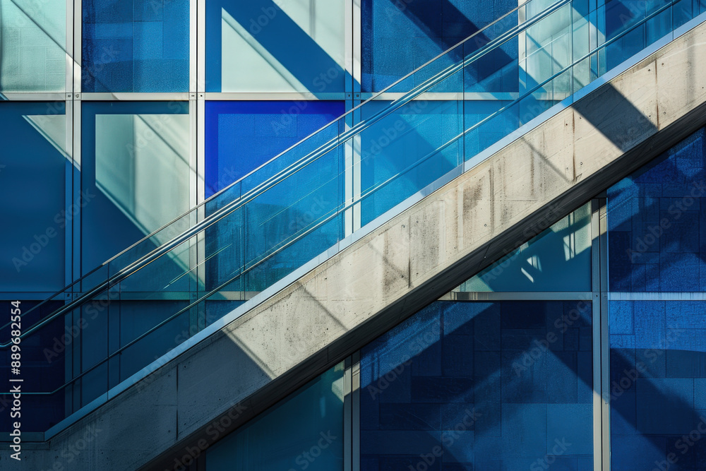 Obraz premium Sunlight casting shadows on a concrete staircase in front of a modern glass building facade