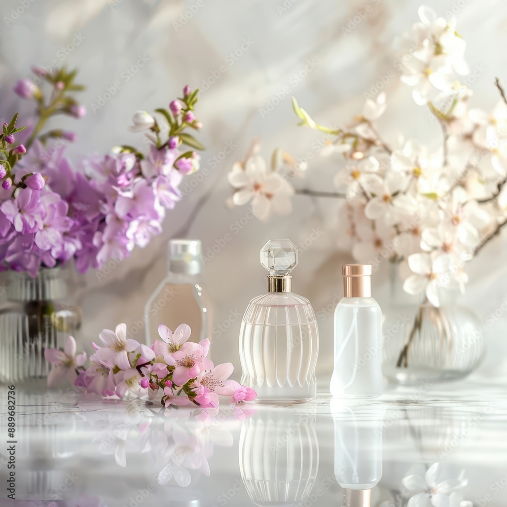 elegant arrangement of frosted glass perfume bottles on white marble surface soft pastel reflections delicate spring flowers in background elegant arrangement of frosted glass perfume bottles on white marble surface soft pastel reflections delicate spring flowers in background