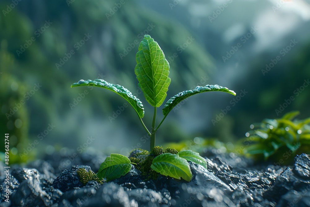 Young Plant Sprouting Amidst Dewy Morning in a Misty Mountain Landscape Young Plant Sprouting Amidst Dewy Morning in a Misty Mountain Landscape