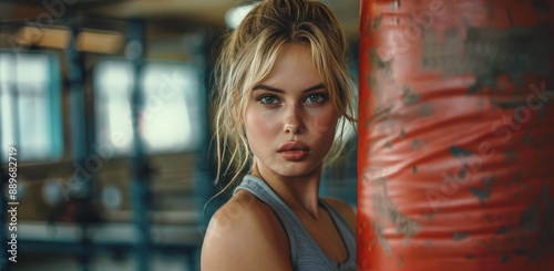 Woman With Blonde Hair Looking at Camera Near Red Punching Bag in Gym