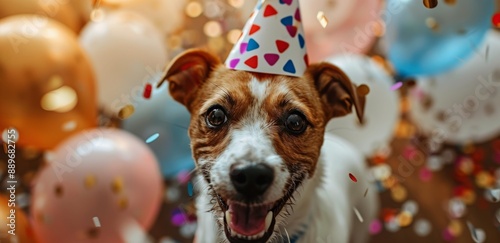 Happy Dog Wearing Party Hat Surrounded By Balloons And Confetti