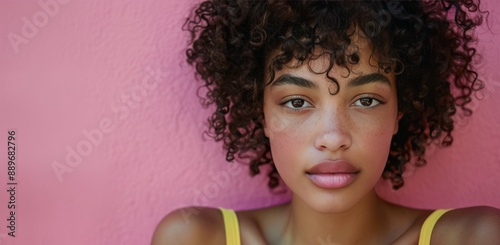 Young Woman With Curly Hair Posing Against Pink Wall