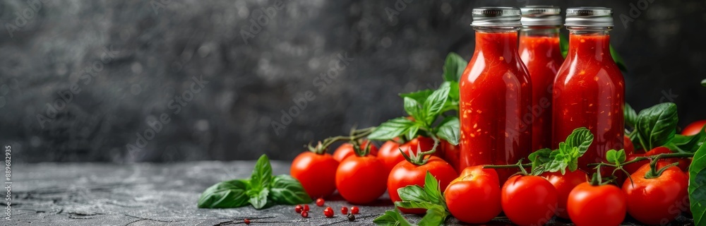 Fresh Homemade Tomato Juice Bottles With Tomatoes and Basil Fresh Homemade Tomato Juice Bottles With Tomatoes and Basil