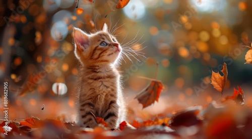 Tabby Kitten Playing in Fall Leaves