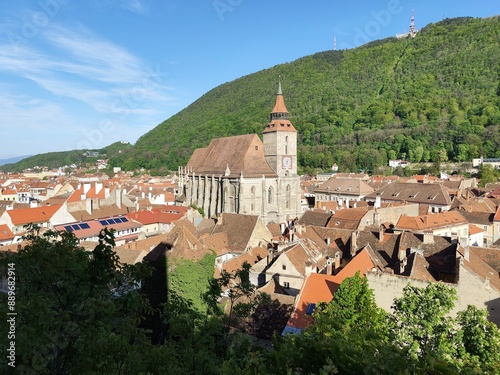 Black Church - Biserica Neagra - and the old city of Brasov, Romania seen from the hill