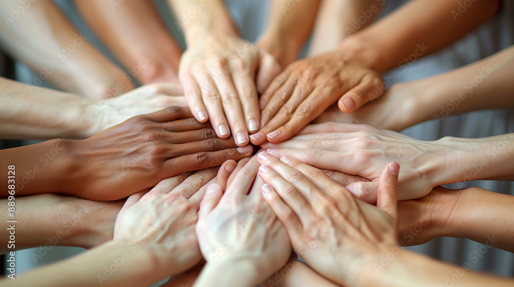 Naklejka premium Closeup of diverse people joining their hands, unity and diversity at work, people collaborations, team collaboration concept, corporate colleagues