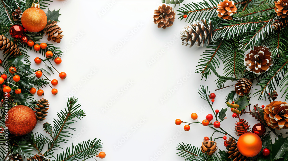Christmas and New Year composition. Spruce branches and cones, Christmas decorations on a light background. AI generated. Christmas and New Year composition. Spruce branches and cones, Christmas decorations on a light background. AI generated.