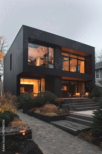 Modern minimalist private black house decorated with wood cladding. Residential architecture exterior, Generative AI