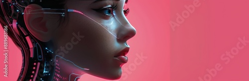 Digital Portrait of a Woman With Cyborg Features in Profile on a Pink Background