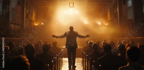 A Man Addresses a Crowd in a Dimly Lit Auditorium