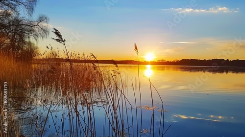 Sunset at the lakeside Nature landscape in northern Europe with reflections blue sky and yellow sunlight during sunset © Humeyra