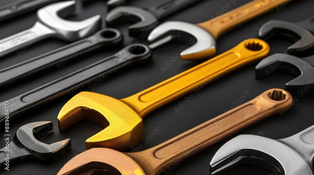 Fototapeta premium Set of colorful wrenches in various colors on black background, highlighting tools for repair, maintenance, and engineering work.