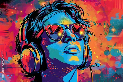 Young man wearing headphones and sunglasses, listening music on a colorful background. Vibrant pop art retro style. Generative AI