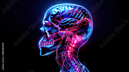 Digital illustration of a human skull and nervous system in profile, highlighting intricate details with vibrant colors against a dark background.