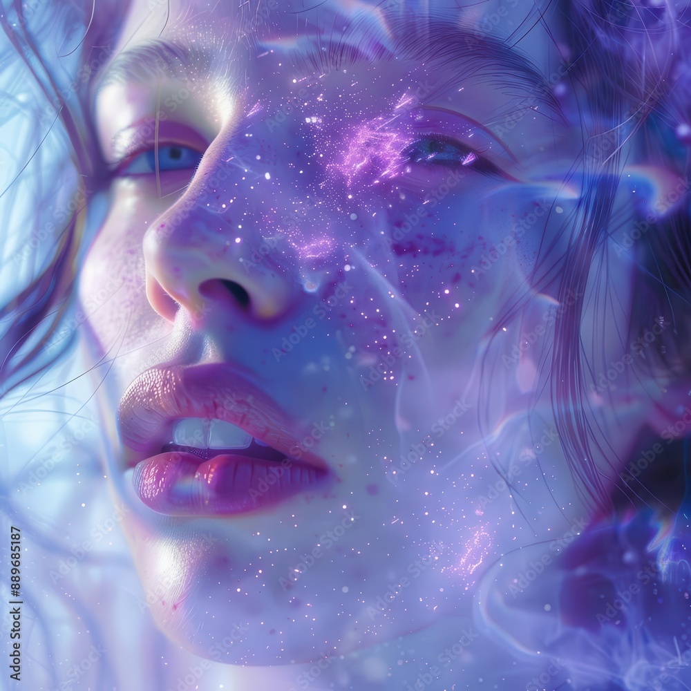 ethereal beauty enveloped in swirling cosmic mist vibrant purplepink hues against pastel blue backdrop creating dreamy surreal atmosphere closeup portrait exudes otherworldly allure ethereal beauty enveloped in swirling cosmic mist vibrant purplepink hues against pastel blue backdrop creating dreamy surreal atmosphere closeup portrait exudes otherworldly allure