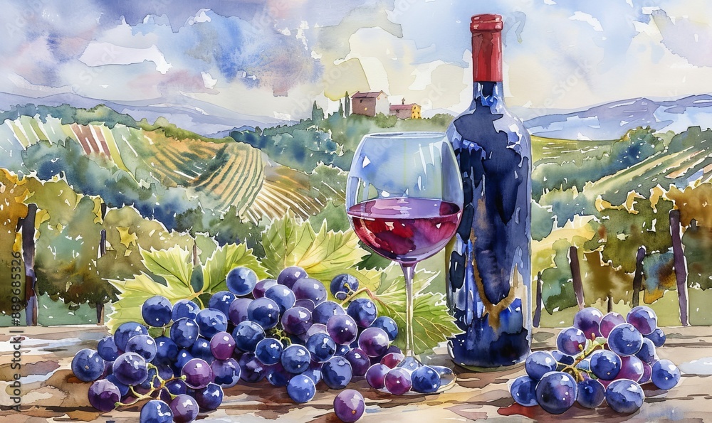 Naklejka premium Bunch of blue grapes, red wine bottle and wine glass on landscape with hills and vineyards, Italy. Watercolor or aquarelle painting illustration, Generative AI